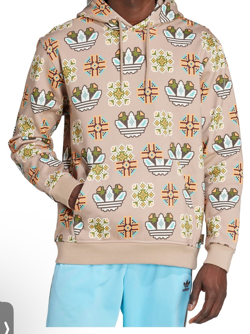 NWT adidas Beige Hoodie w Multicolor  Tile Logo  Print Sz L $75